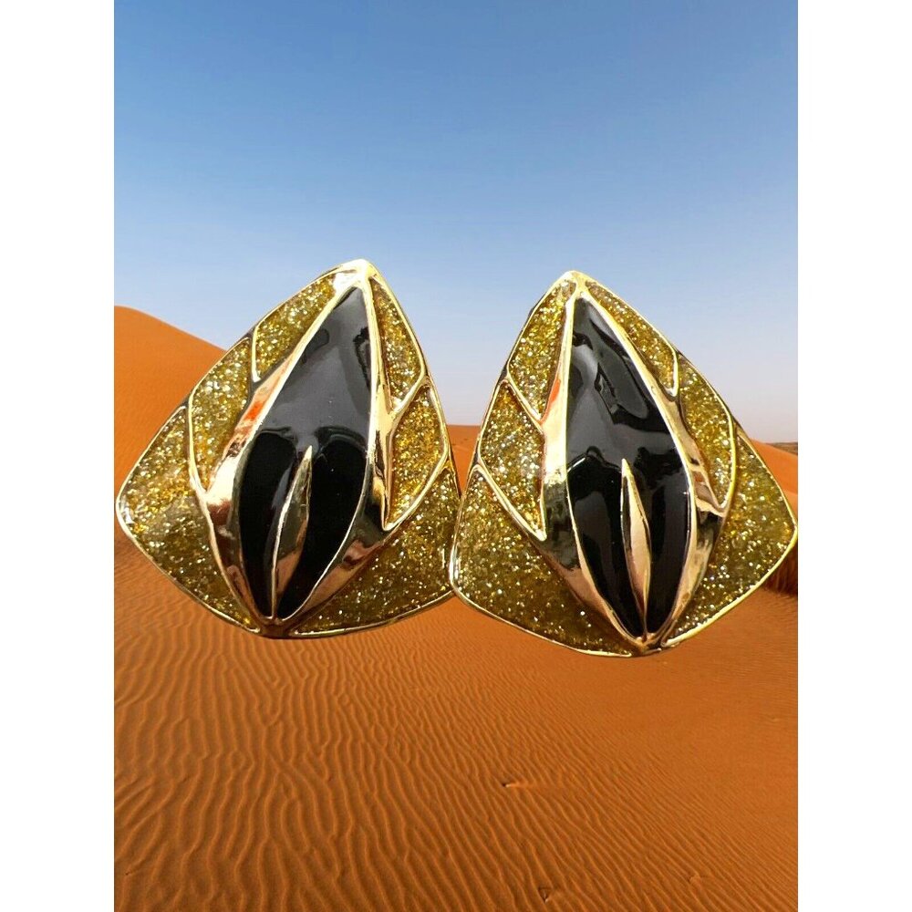 Elegant Black and Sparkly Gold Stud Post Earrings